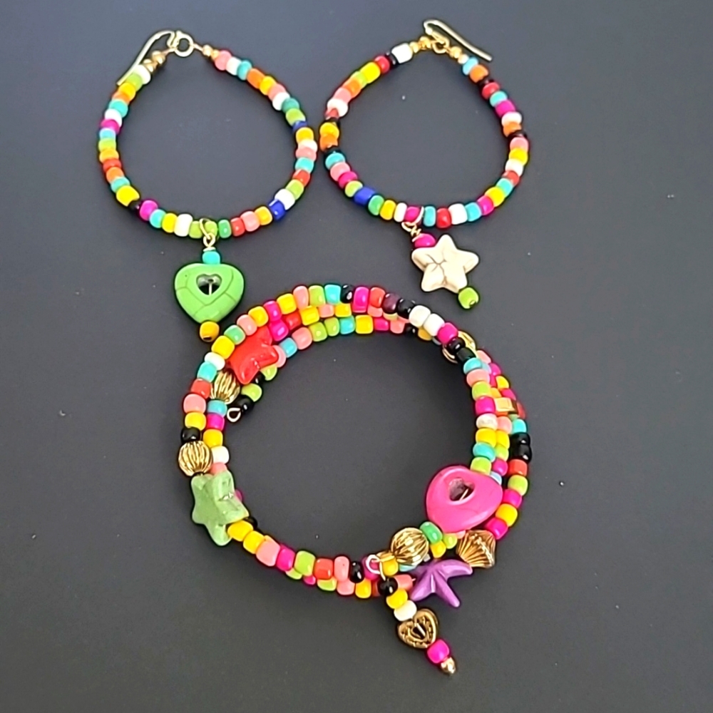 Colorful Beaded Hoop Earrings and Stackable Bracelet Set